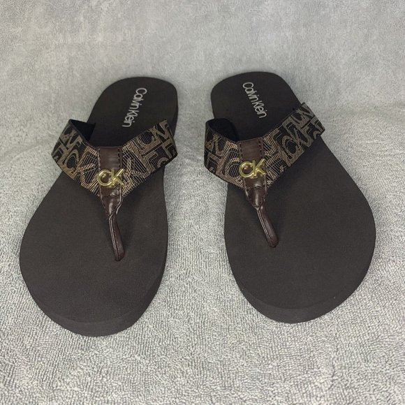 Calvin Klein Womens' Dark Brown Sandals w/ gold-colored "ck" Embroidery + Emblem - Picture 1 of 12